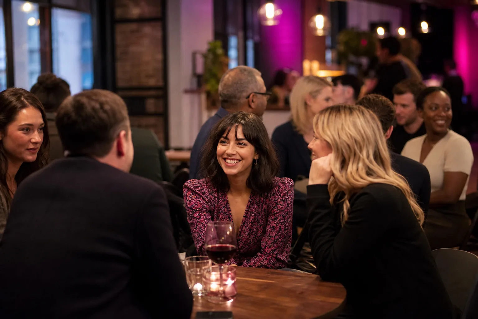 Single people chatting over drinks at an evening social event in Exeter