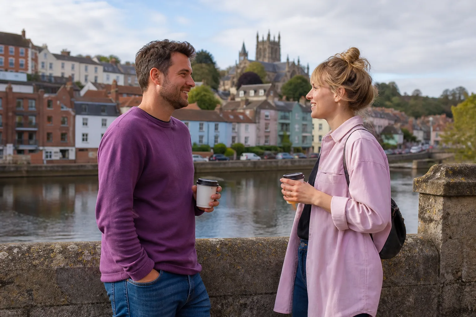 Two people talking beside Exeter Quayside on a sunny afternoon