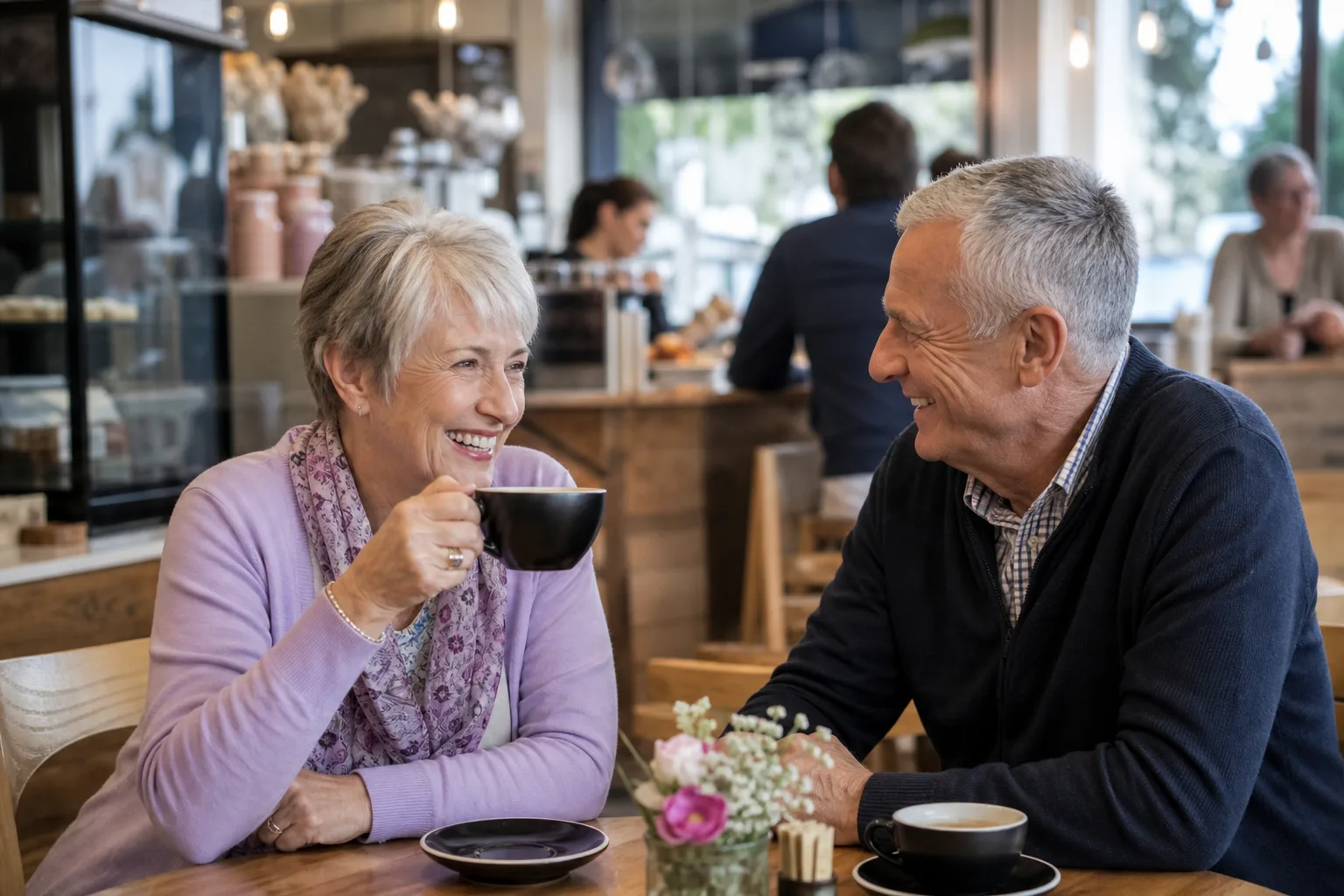 Older couple talking over coffee in central Exeter