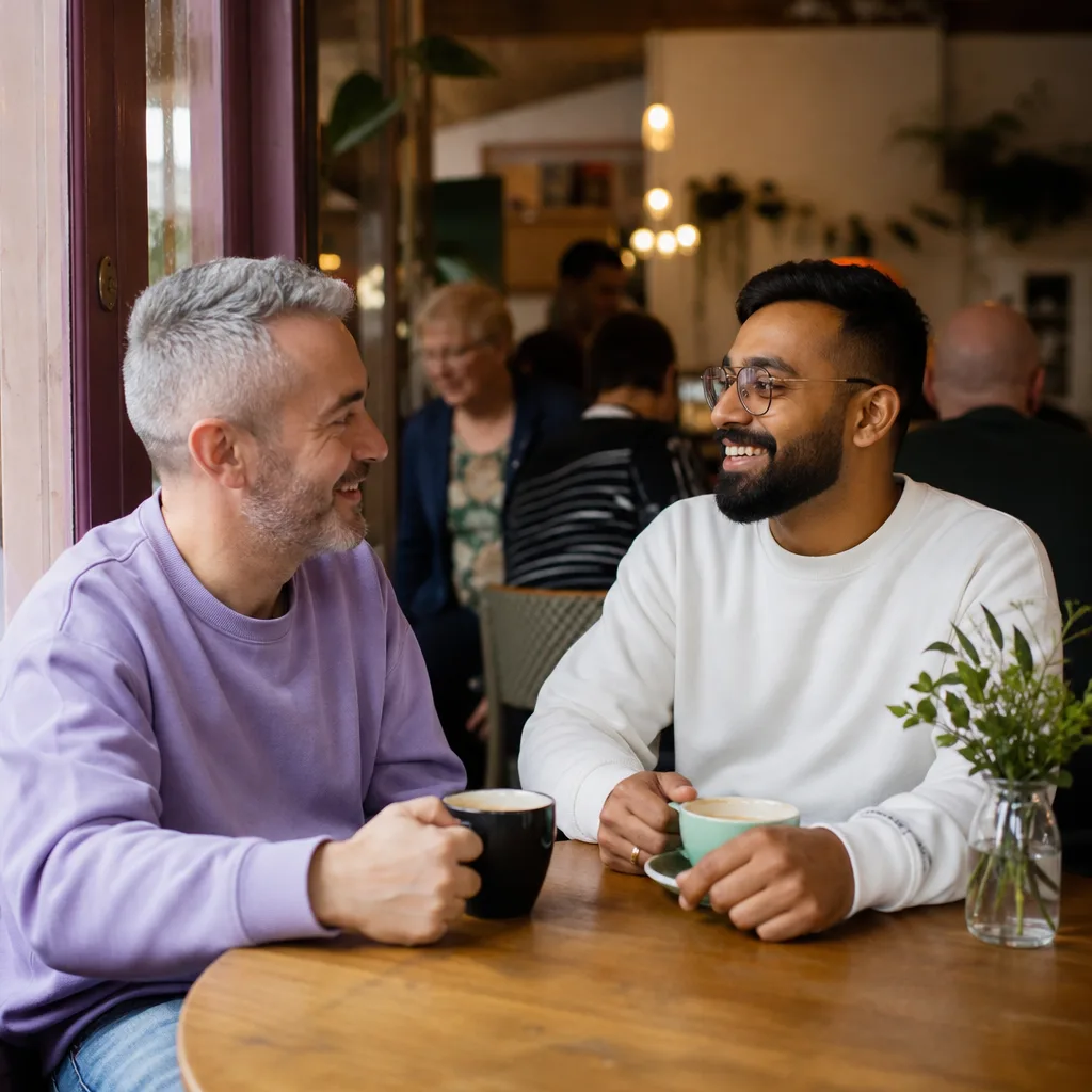 Friends chatting outside an independent café in central Exeter