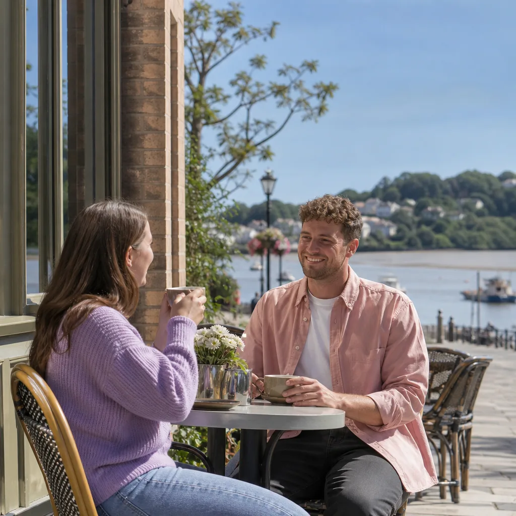 Coffee and cake arranged on a café table ready for two people