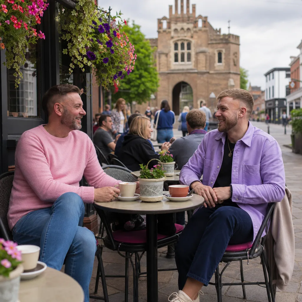 Man creating a local dating profile at a café near Exeter city centre