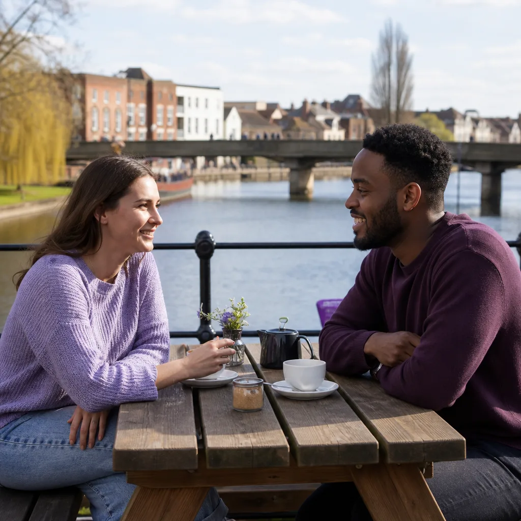 Two adults walking beside the River Exe near Exeter Quay