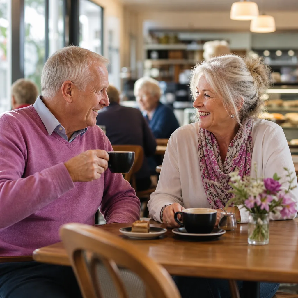 Older friends chatting at an outdoor café near Exeter Cathedral