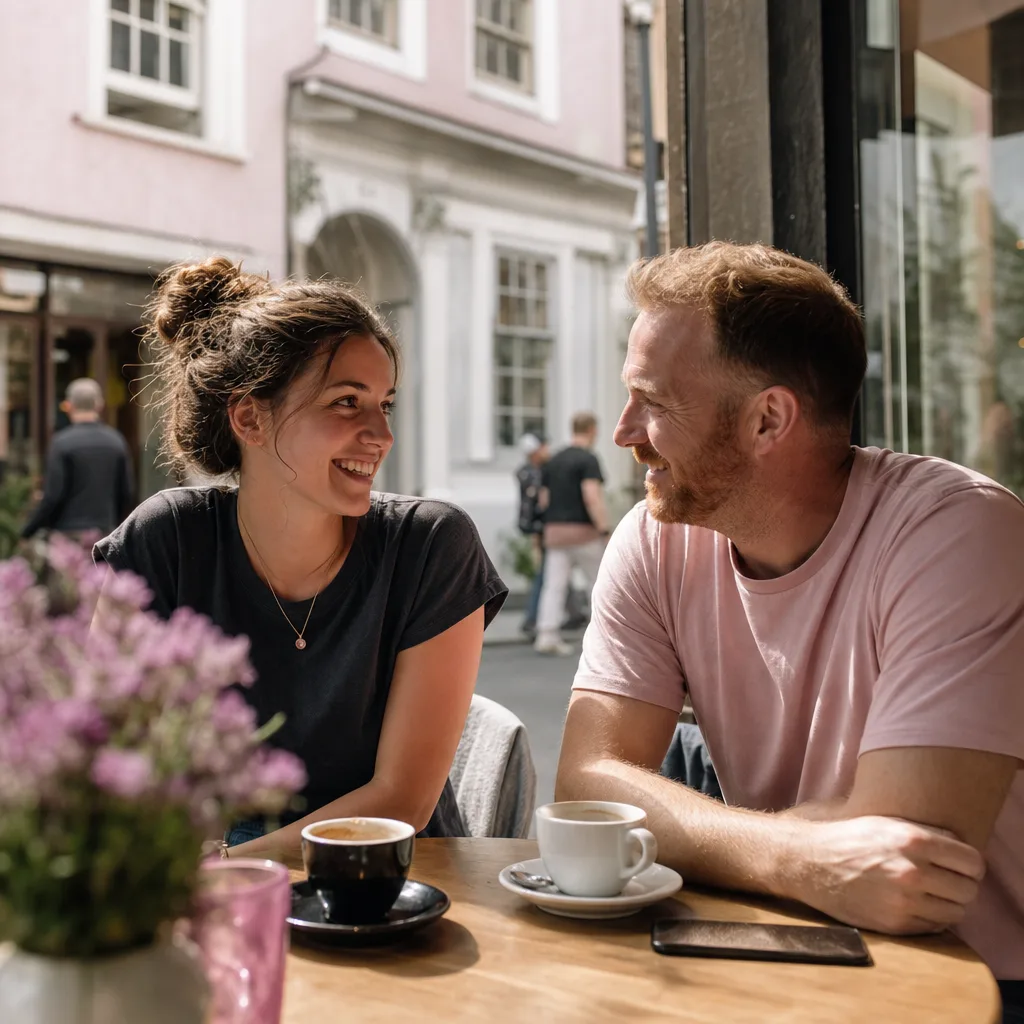 Two people talking during a relaxed walk along Exeter Quayside