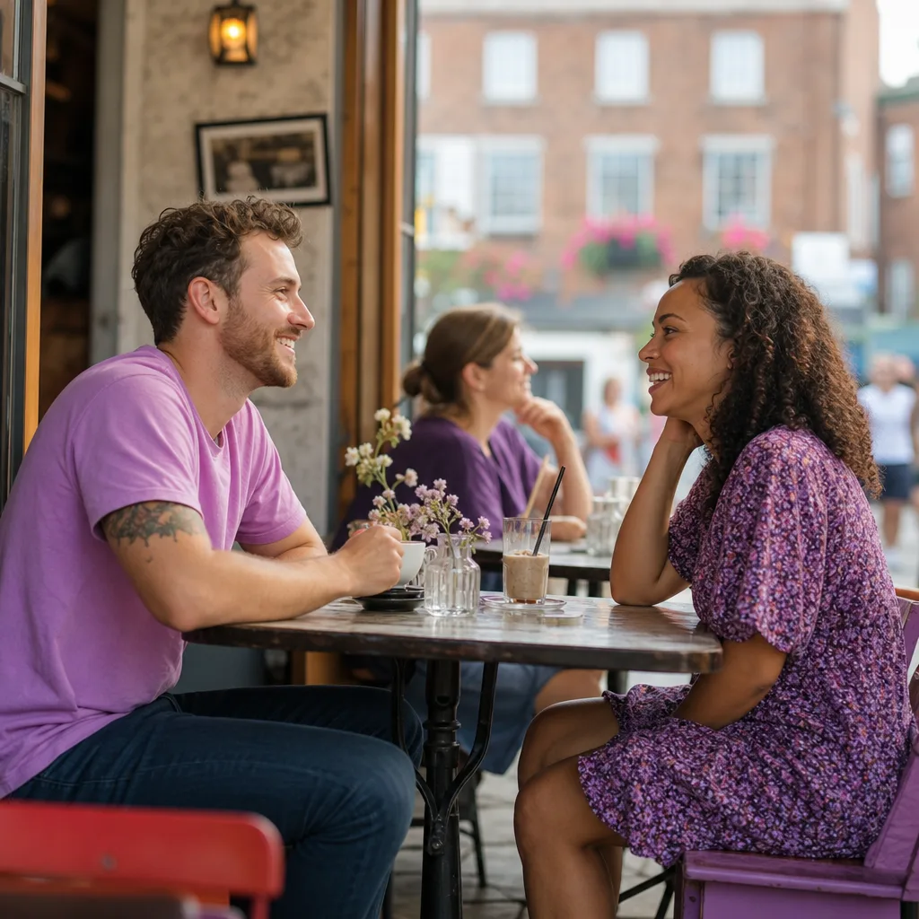 A person using a dating site at a café table in central Exeter