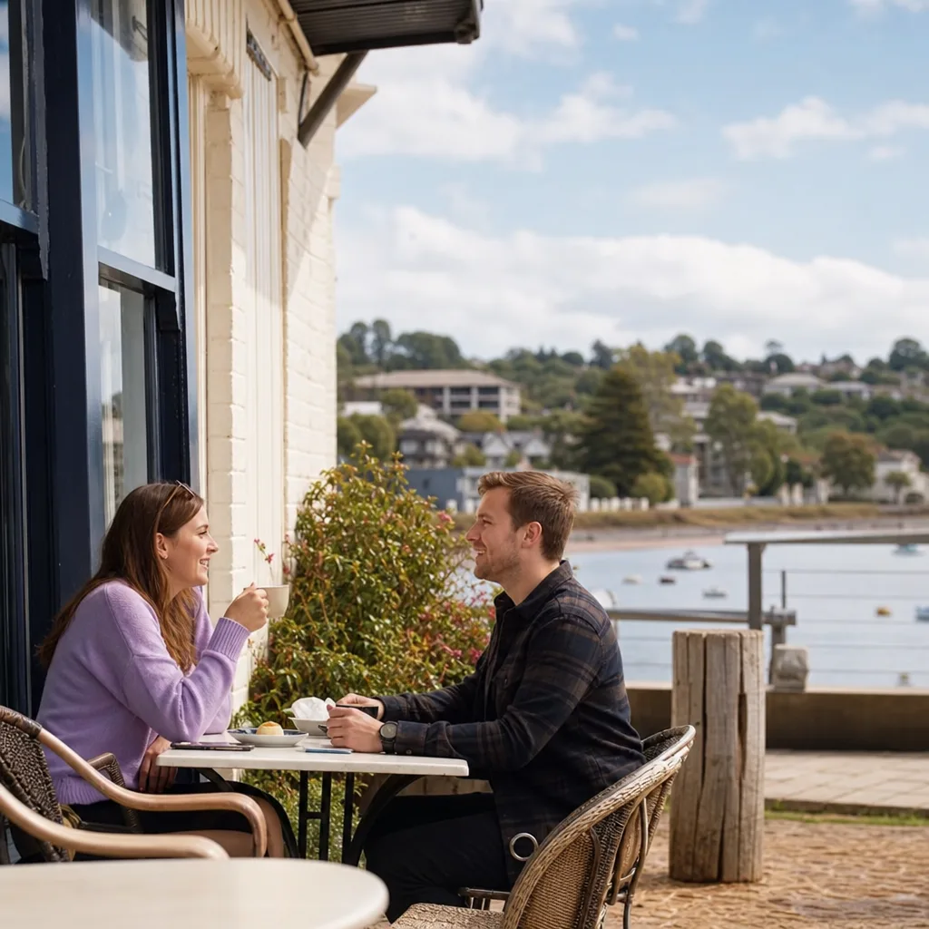 Two adults talking over drinks in a welcoming Topsham pub